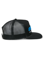 Alpinestars Notice Trucker Hat, side profile view, black twill front with black poly mesh back, blue 3D embroidered logo and white text on the front, flat bill with braided rope detail, casual motorsport headwear