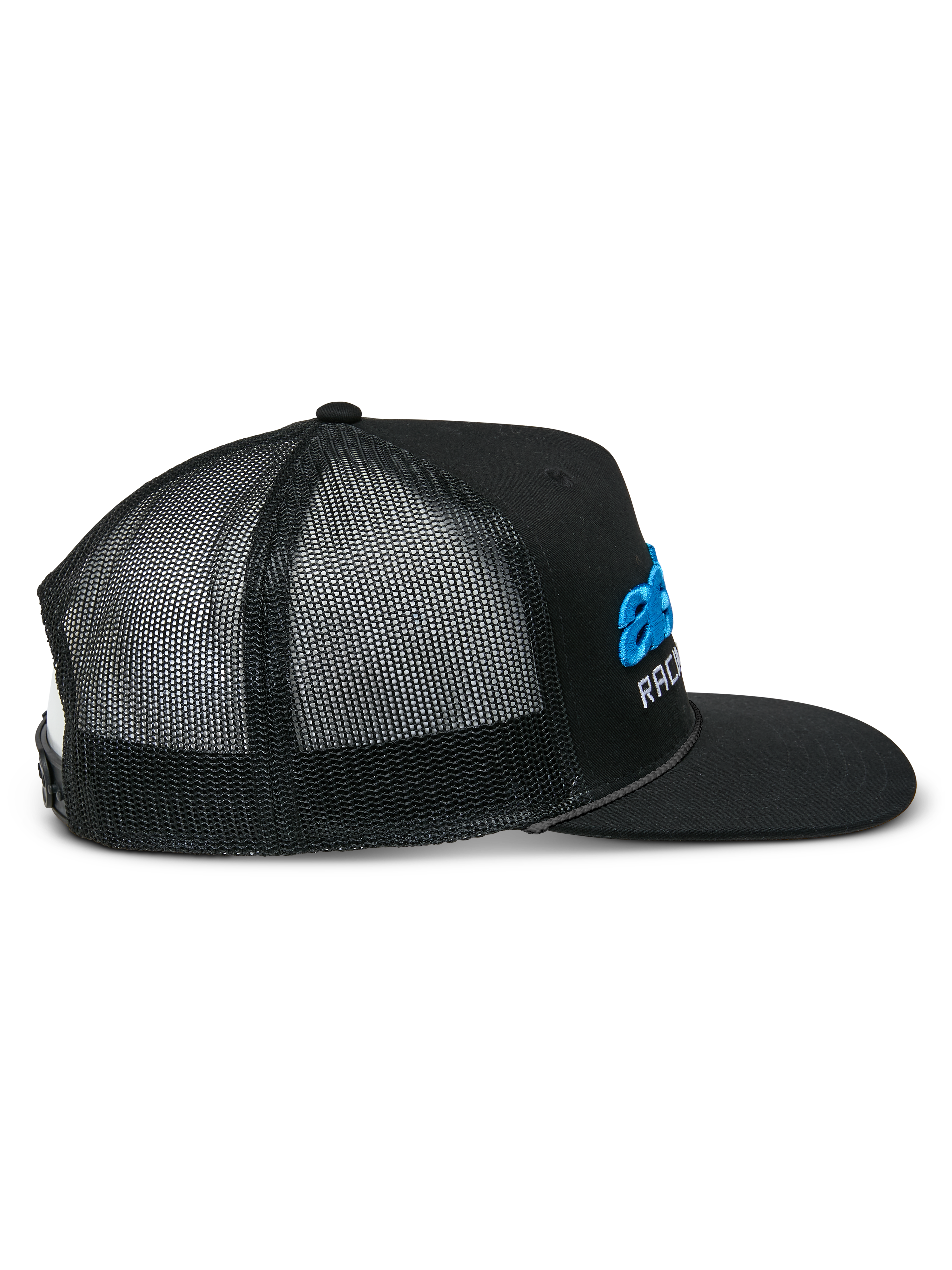 Alpinestars Notice Trucker Hat, side profile view, black twill front with black poly mesh back, blue 3D embroidered logo and white text on the front, flat bill with braided rope detail, casual motorsport headwear