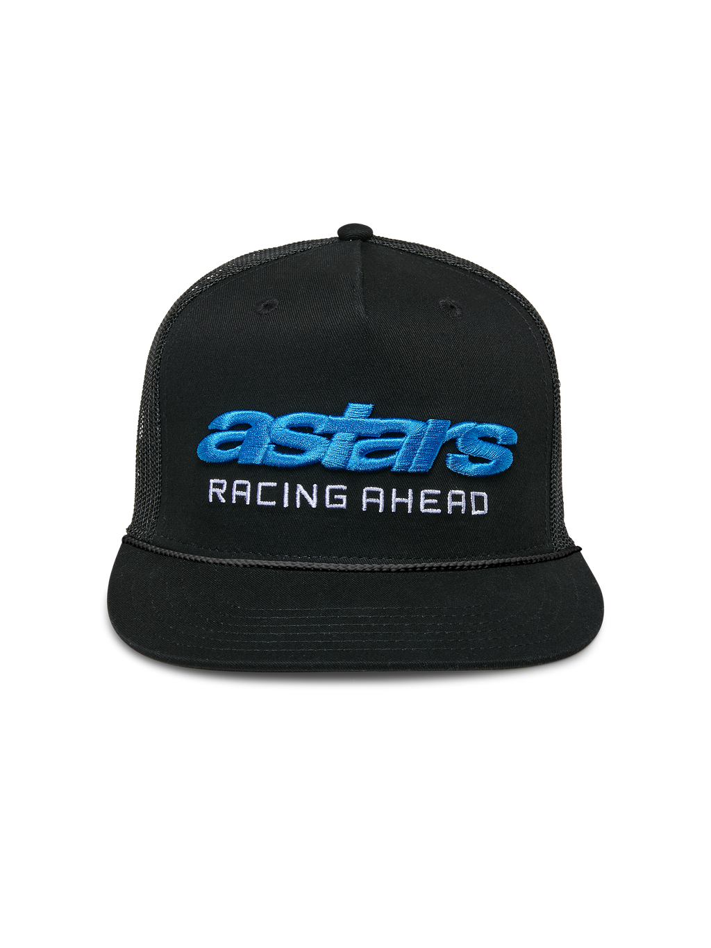 Alpinestars Notice Trucker Hat, Black Snapback Cap, Blue 3D Astars Embroidery and White Racing Ahead Text, Braided Rope Detail, Flat Bill and Mesh Back, Casual Motorsport Streetwear