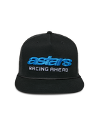 Alpinestars Notice Trucker Hat, Black Snapback Cap, Blue 3D Astars Embroidery and White Racing Ahead Text, Braided Rope Detail, Flat Bill and Mesh Back, Casual Motorsport Streetwear
