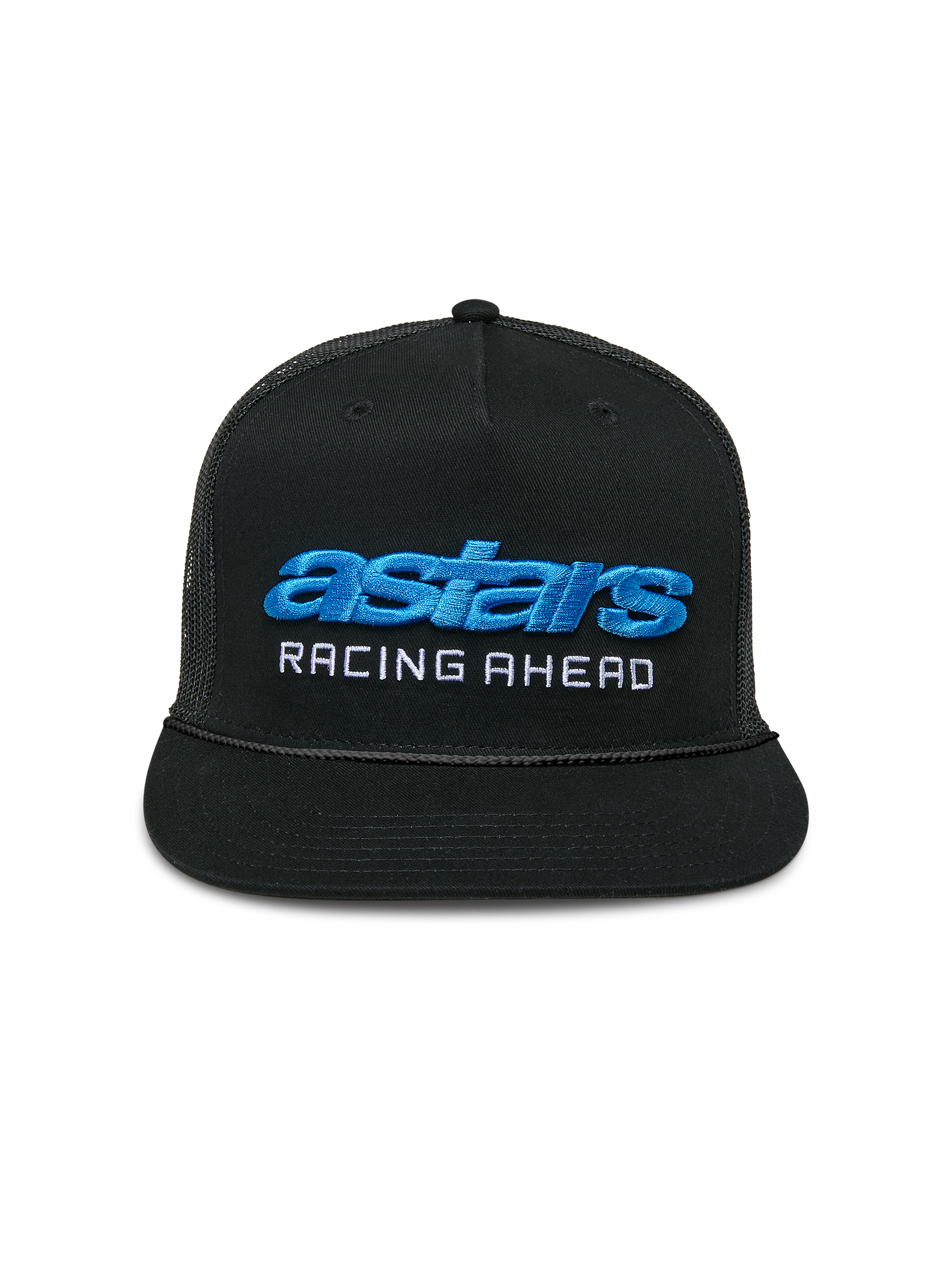 Alpinestars Notice Trucker Hat, Black Snapback Cap, Blue 3D Astars Embroidery and White Racing Ahead Text, Braided Rope Detail, Flat Bill and Mesh Back, Casual Motorsport Streetwear