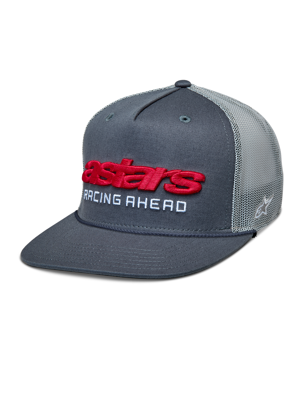 Alpinestars Notice Trucker Hat, Charcoal Gray and Light Gray Mesh, Red 3D Astars Logo with White 'RACING AHEAD' Text, Flat Bill with Braided Rope, Casual Motorsport-Inspired Headwear
