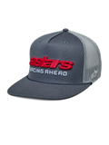 Alpinestars Notice Trucker Hat, Charcoal Gray and Light Gray Mesh, Red 3D Astars Logo with White 'RACING AHEAD' Text, Flat Bill with Braided Rope, Casual Motorsport-Inspired Headwear
