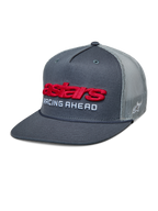 Alpinestars Notice Trucker Hat, Charcoal Gray and Light Gray Mesh, Red 3D Astars Logo with White 'RACING AHEAD' Text, Flat Bill with Braided Rope, Casual Motorsport-Inspired Headwear