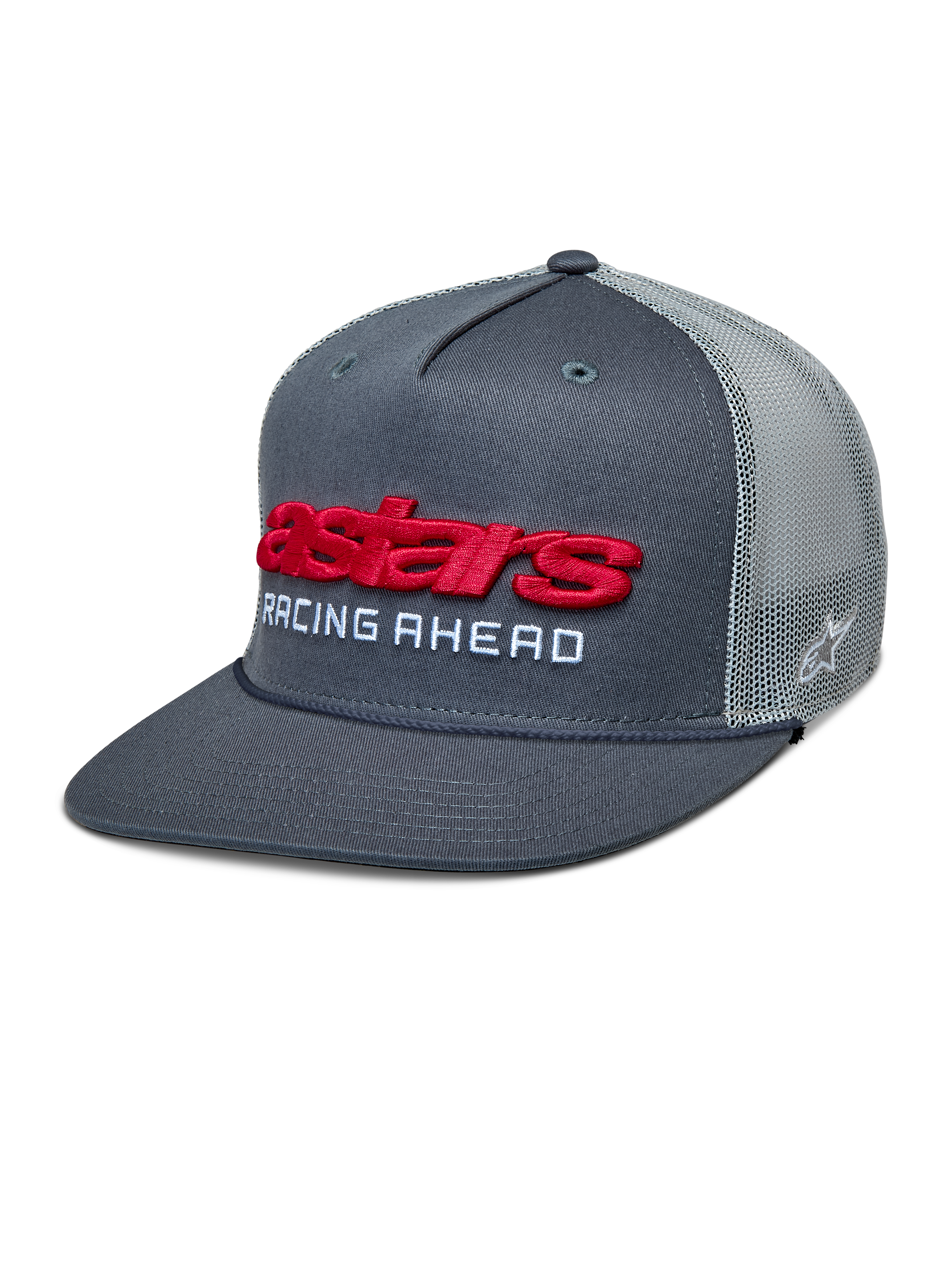 Alpinestars Notice Trucker Hat, Charcoal Gray and Light Gray Mesh, Red 3D Astars Logo with White 'RACING AHEAD' Text, Flat Bill with Braided Rope, Casual Motorsport-Inspired Headwear
