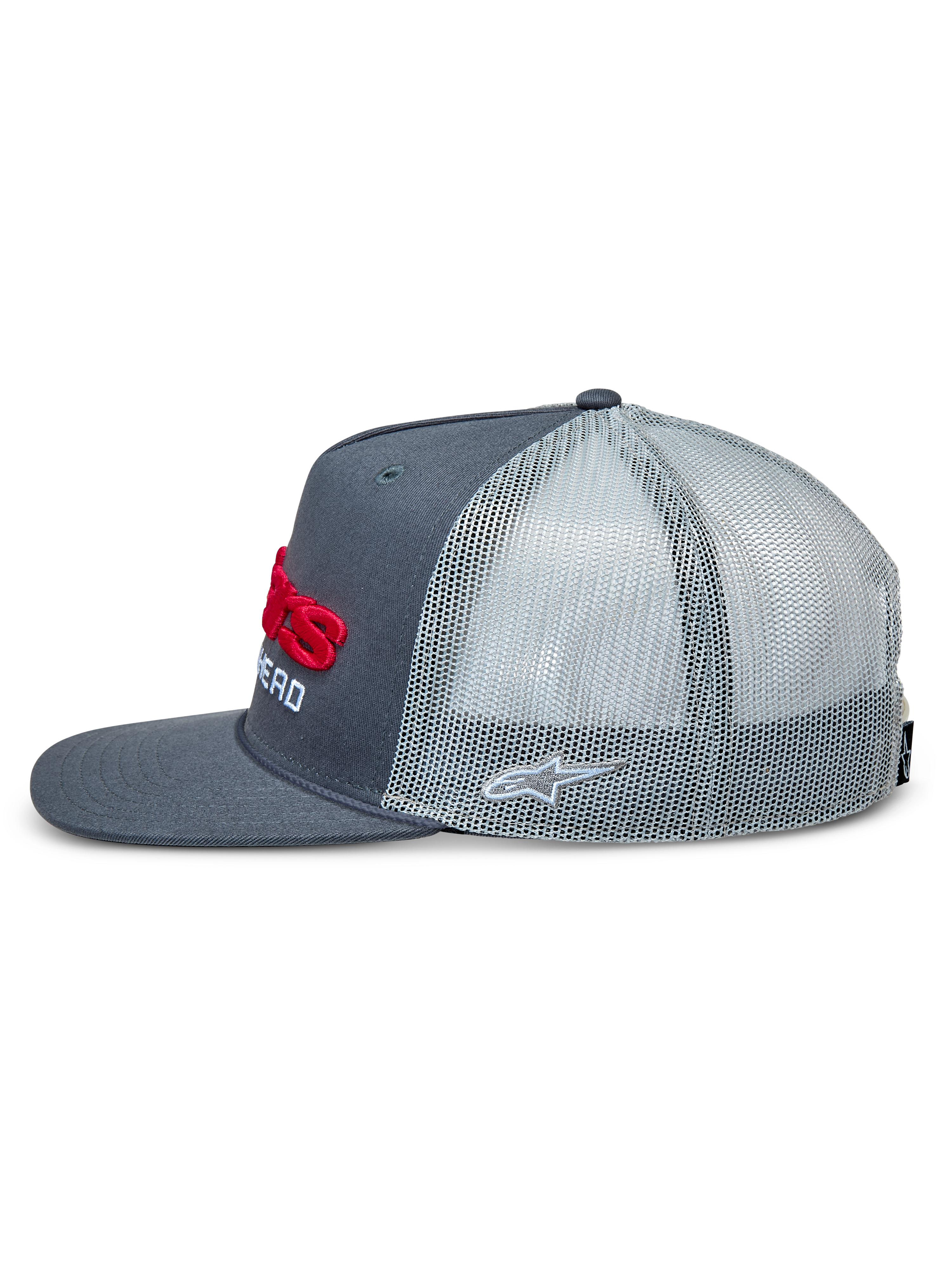 Alpinestars Notice Trucker Hat, side view, charcoal dark gray twill front with light gray mesh back, flat bill, red 3D embroidered front logo and silver Astars side logo, casual motorsport-inspired snapback cap