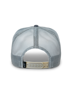 Alpinestars Notice Trucker Hat, Charcoal Gray, back view featuring poly mesh panels and an adjustable tan snapback closure with a small Alpinestars logo label, casual motorsport headwear