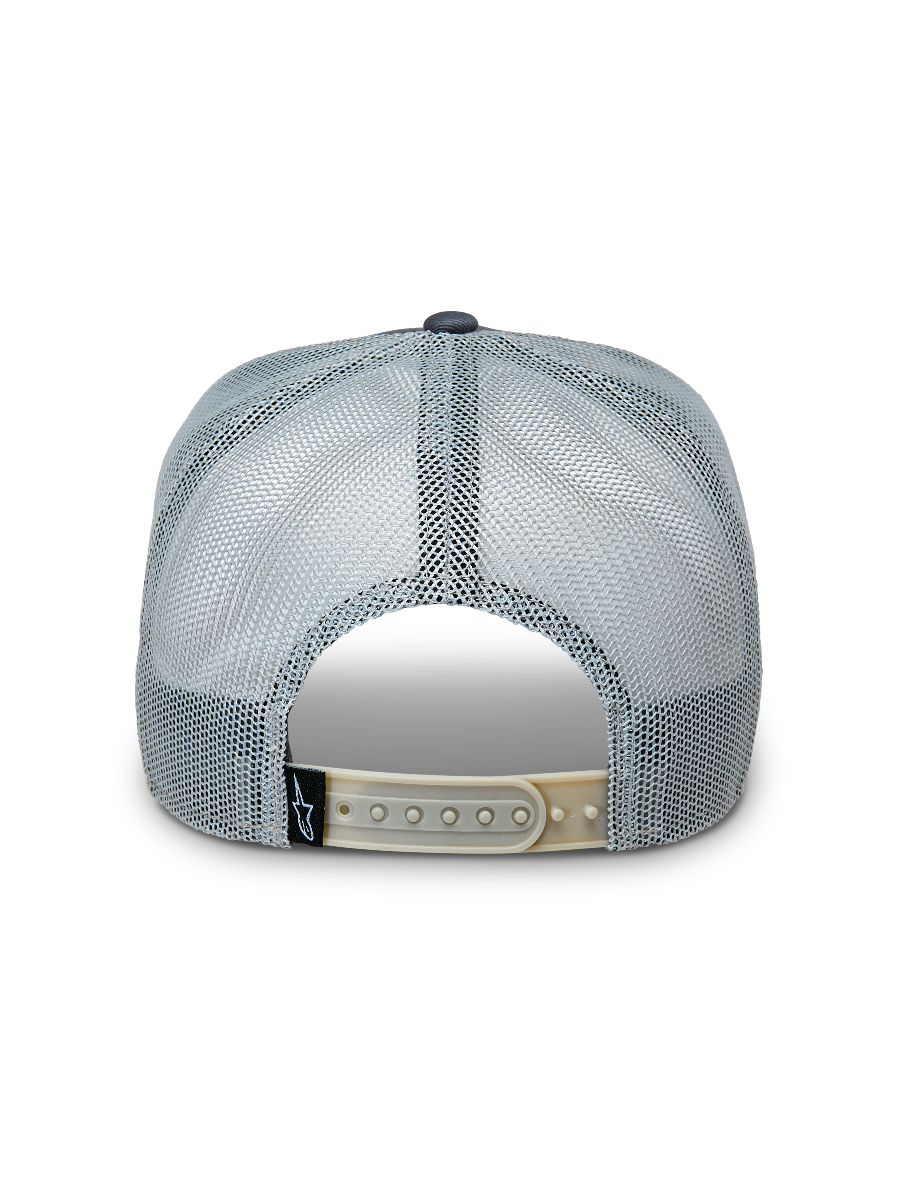 Alpinestars Notice Trucker Hat, Charcoal Gray, back view featuring poly mesh panels and an adjustable tan snapback closure with a small Alpinestars logo label, casual motorsport headwear