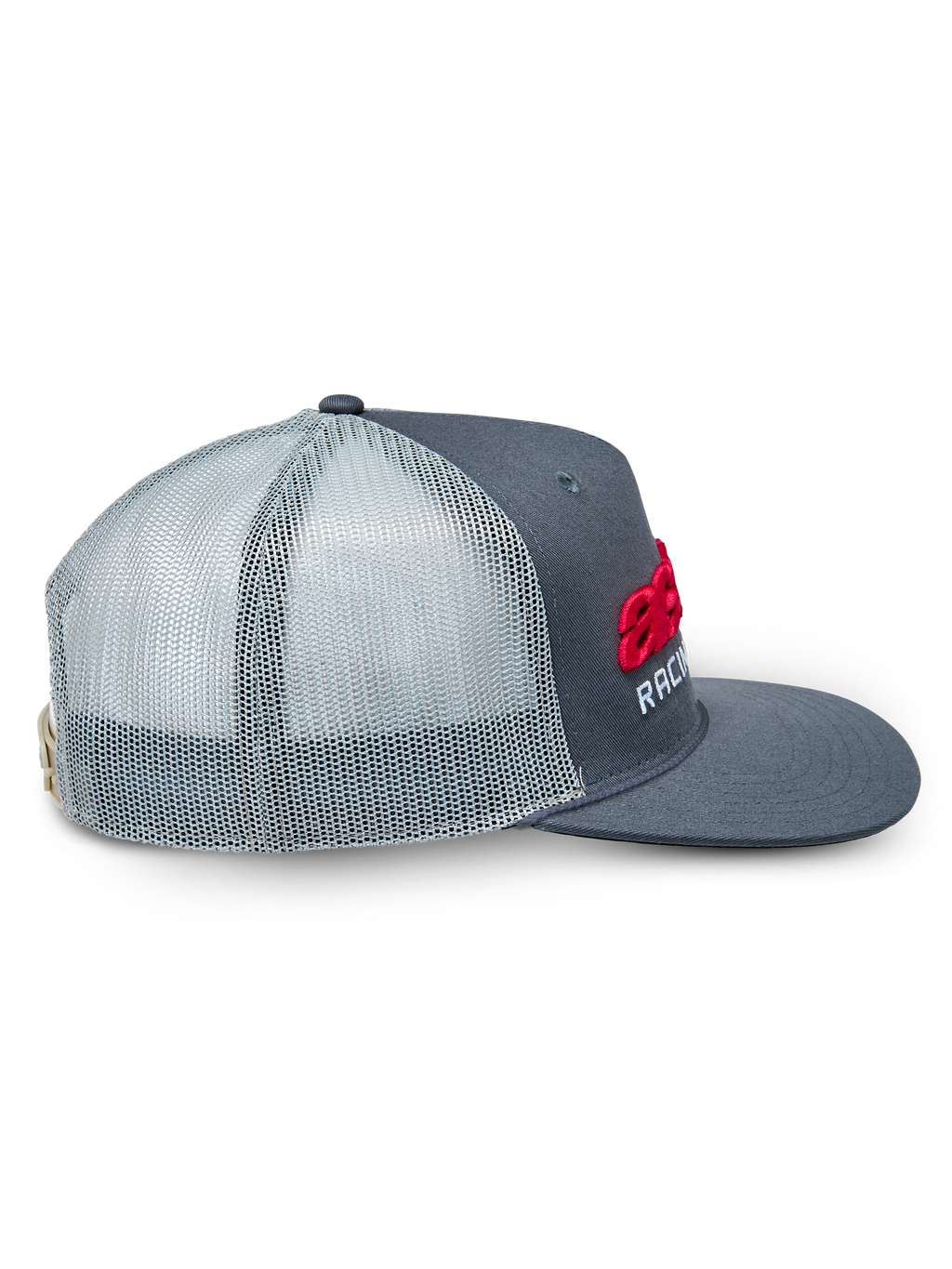 Alpinestars Notice Trucker Hat, Charcoal and Light Gray, side profile view, featuring red 3D Astars logo and white Racing embroidery, flat bill, mesh back, casual motorsport-inspired headwear
