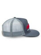 Alpinestars Notice Trucker Hat, Charcoal and Light Gray, side profile view, featuring red 3D Astars logo and white Racing embroidery, flat bill, mesh back, casual motorsport-inspired headwear