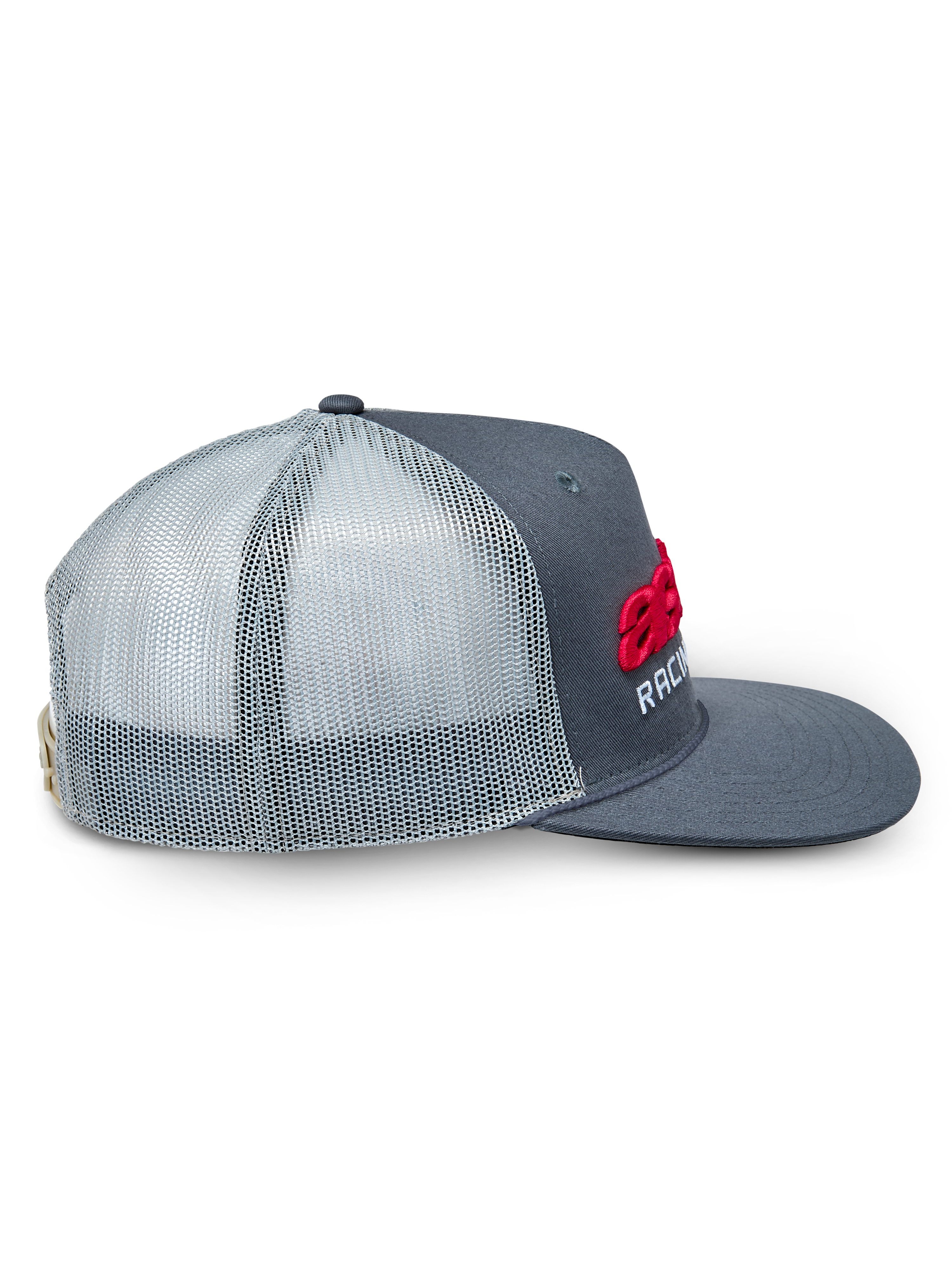 Alpinestars Notice Trucker Hat, Charcoal and Light Gray, side profile view, featuring red 3D Astars logo and white Racing embroidery, flat bill, mesh back, casual motorsport-inspired headwear