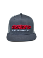 Alpinestars Notice Trucker Hat, Charcoal Gray, Red 3D embroidered Astars logo and white 'RACING AHEAD' lettering, flat bill with braided rope detail, gray mesh back, casual motorsport-inspired headwear