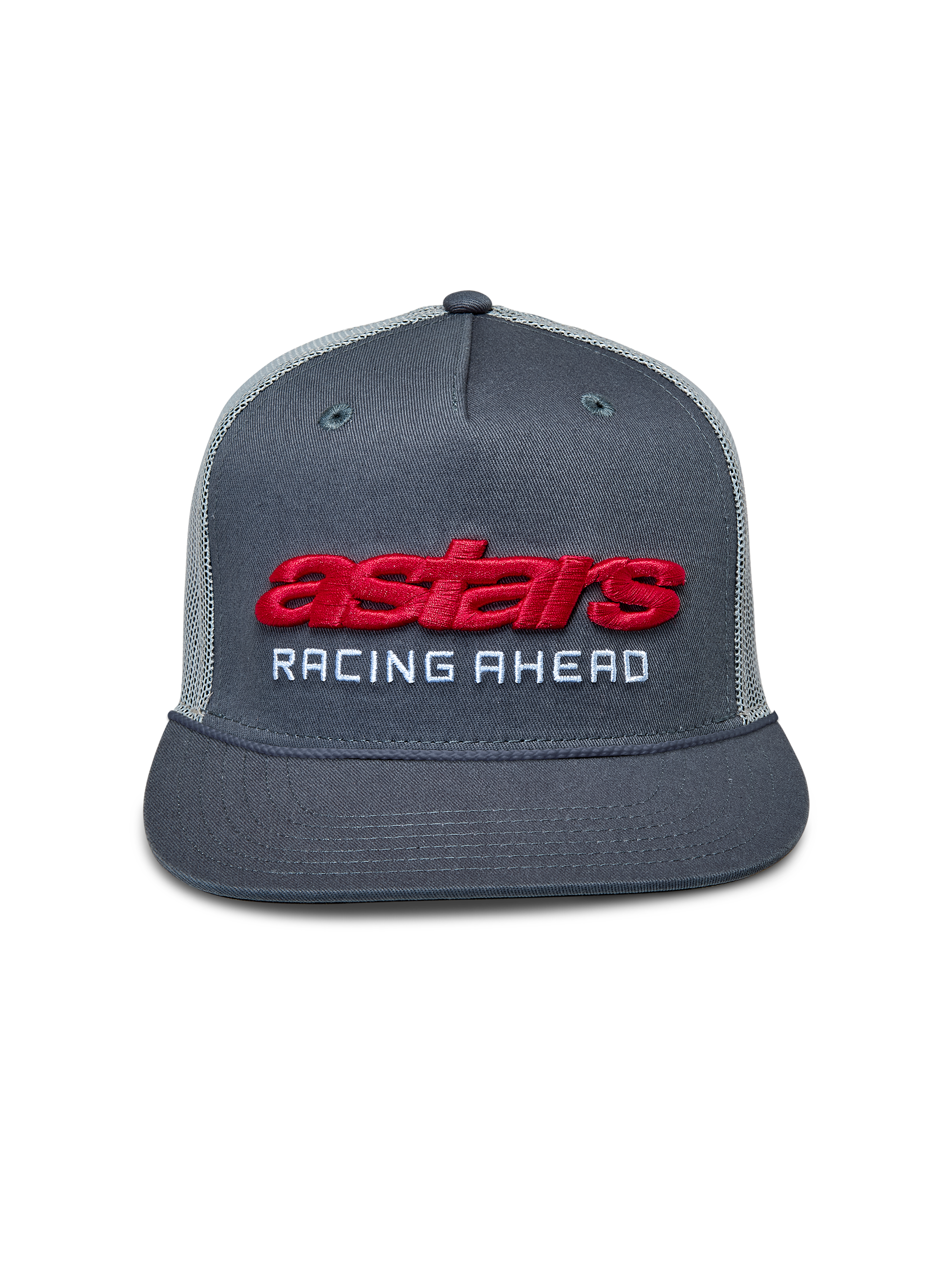 Alpinestars Notice Trucker Hat, Charcoal Gray, Red 3D embroidered Astars logo and white 'RACING AHEAD' lettering, flat bill with braided rope detail, gray mesh back, casual motorsport-inspired headwear