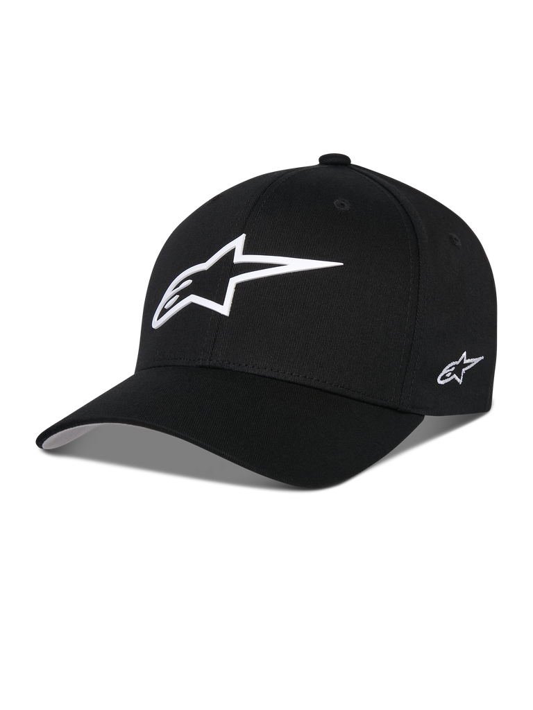 Alpinestars Ageless Multi Hat, Black Baseball Cap, featuring a large white 3D star logo on the front and a small embroidered logo on the side, curved brim, structured crown, casual motorsport-inspired headwear