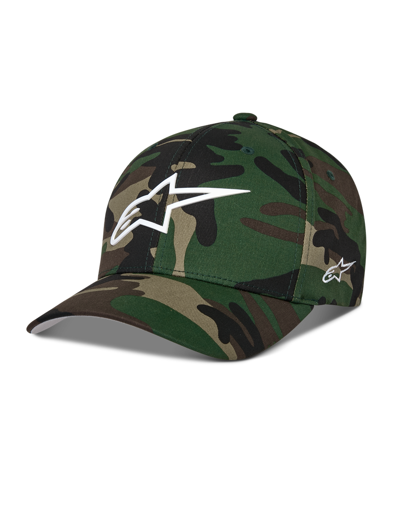 Alpinestars Ageless Multi Hat, Green Camo Baseball Cap, features white 3D Astars logo on front and side embroidery, curved bill, structured crown, casual motorsport-inspired streetwear