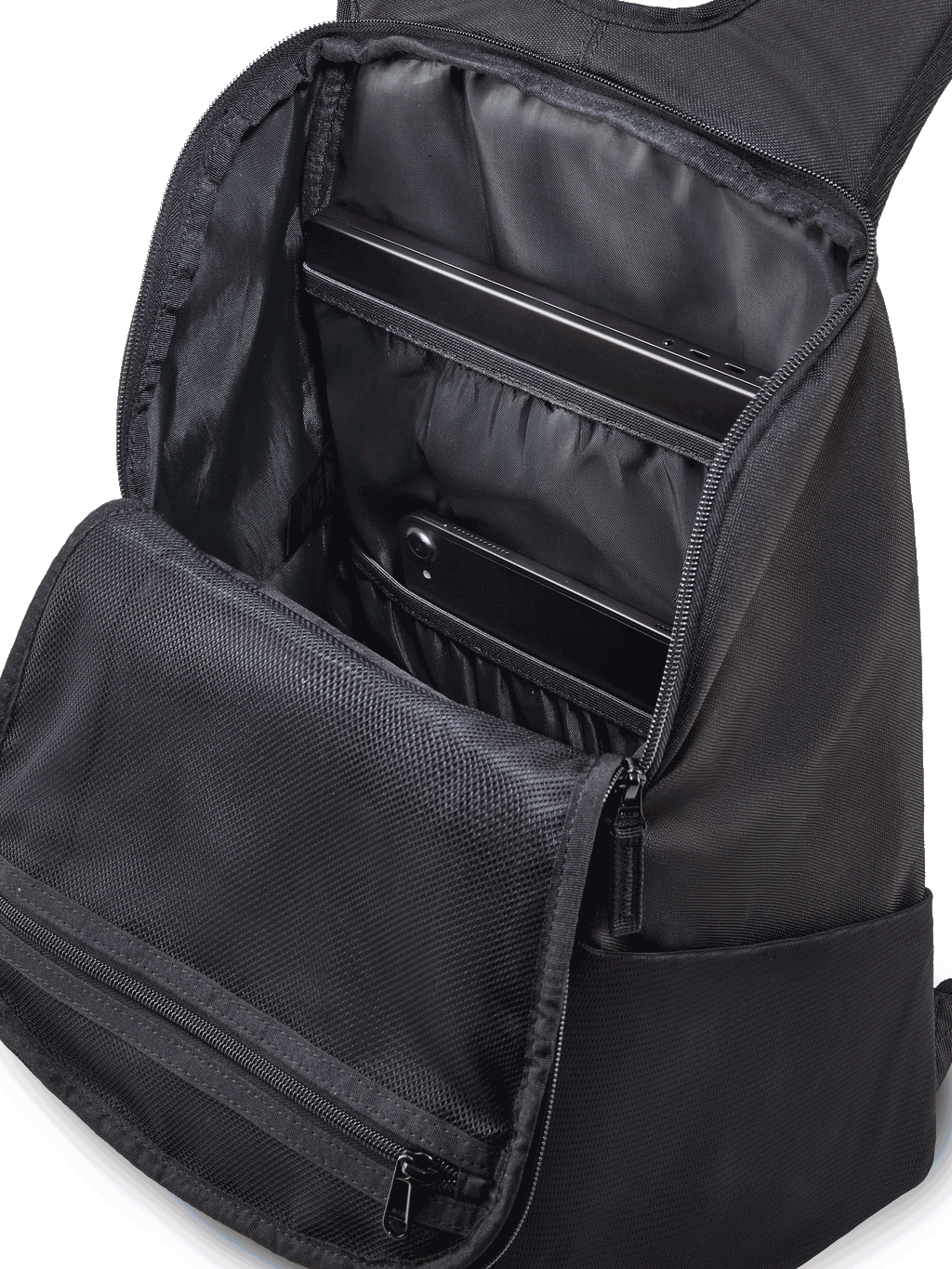 Alpinestars Defcon V3 Backpack, Daily Daypack, Black with Blue accents, durable 600D polyester, featuring printed branding, side mesh water bottle pockets, and padded shoulder straps, casual motorsport-inspired design