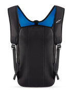Alpinestars Defcon V3 Backpack, Rear View, Black with Blue Mesh, featuring padded back panel and air mesh shoulder straps, small white Alpinestars logo, durable everyday pack