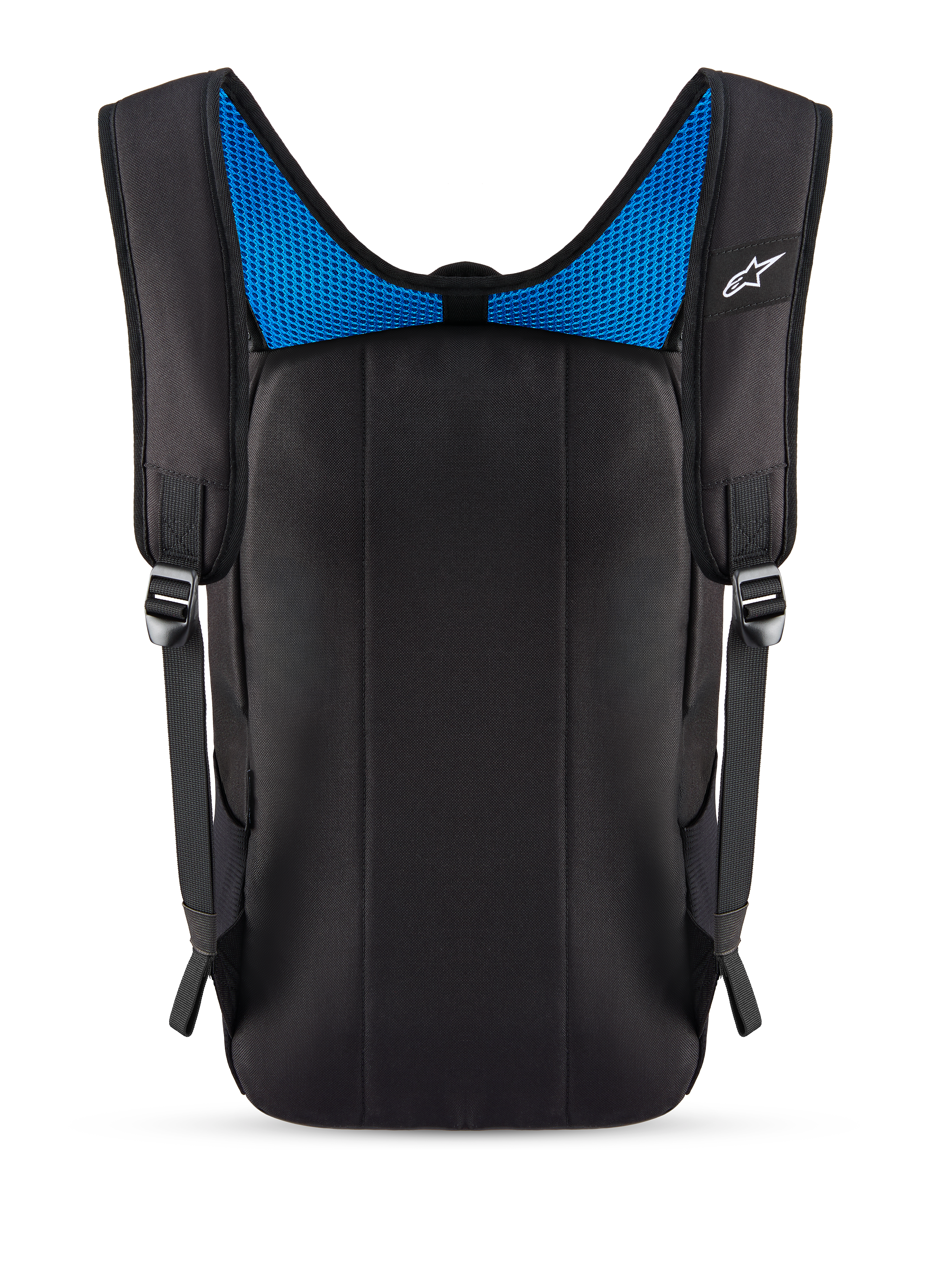 Alpinestars Defcon V3 Backpack, Rear View, Black with Blue Mesh, featuring padded back panel and air mesh shoulder straps, small white Alpinestars logo, durable everyday pack