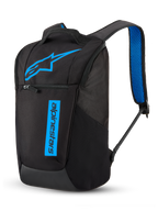 Alpinestars Defcon V3 Backpack, Sportswear and Commuter Daypack, Black and Blue, 13.6L capacity, durable 600D polyester construction, featuring printed branding and blue air mesh padded shoulder straps.
