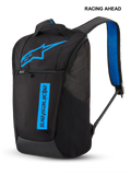 Alpinestars Defcon V3 Backpack, small daily backpack, Black and Blue, featuring a bright blue star logo and vertical text branding, front zipper pocket, and blue air mesh padded shoulder straps, durable sportswear design