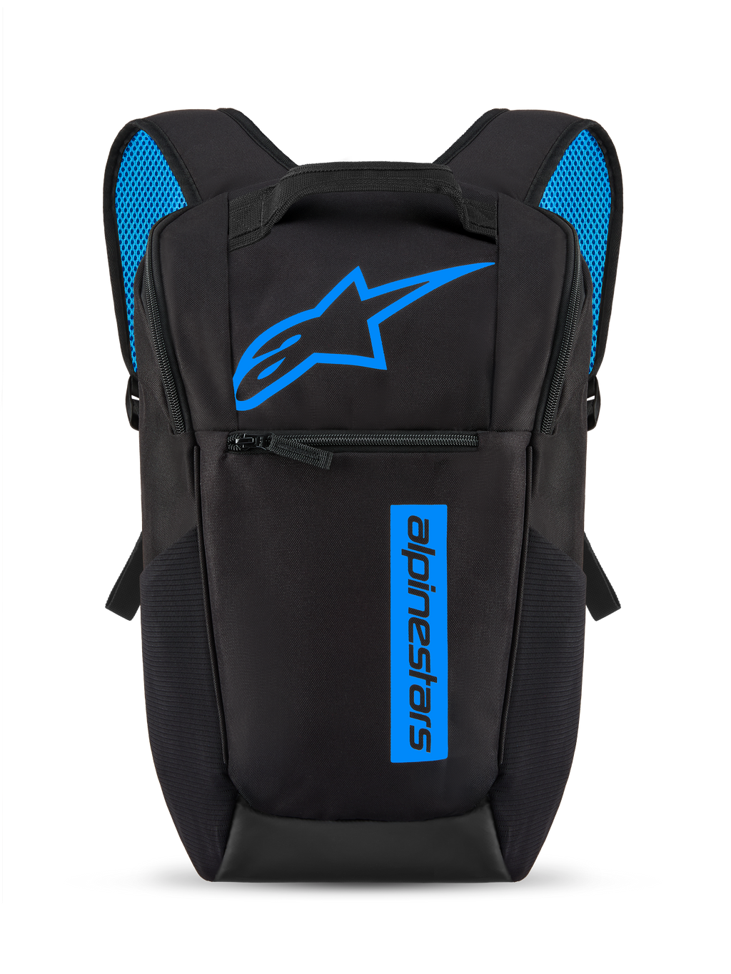 Alpinestars Defcon V3 Backpack, Black and Blue, small daily daypack with bright blue Astars logo and vertical branding, front zipper pocket, padded shoulder straps with blue air mesh, durable 600D polyester material