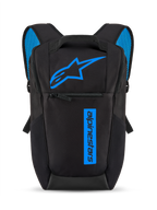 Alpinestars Defcon V3 Backpack, Black and Blue, small daily daypack with bright blue Astars logo and vertical branding, front zipper pocket, padded shoulder straps with blue air mesh, durable 600D polyester material