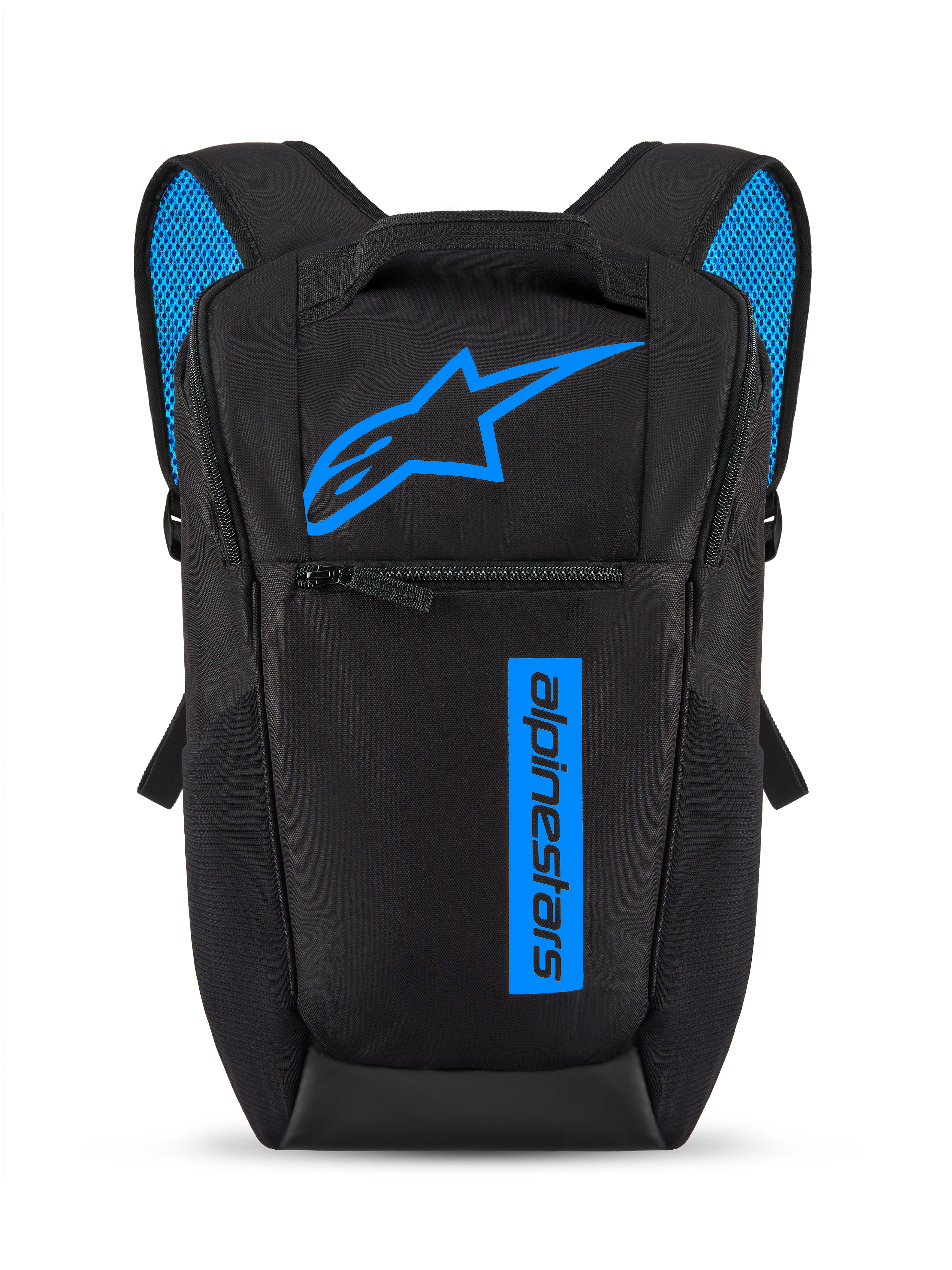 Alpinestars Defcon V3 Backpack, Black and Blue, small daily daypack with bright blue Astars logo and vertical branding, front zipper pocket, padded shoulder straps with blue air mesh, durable 600D polyester material