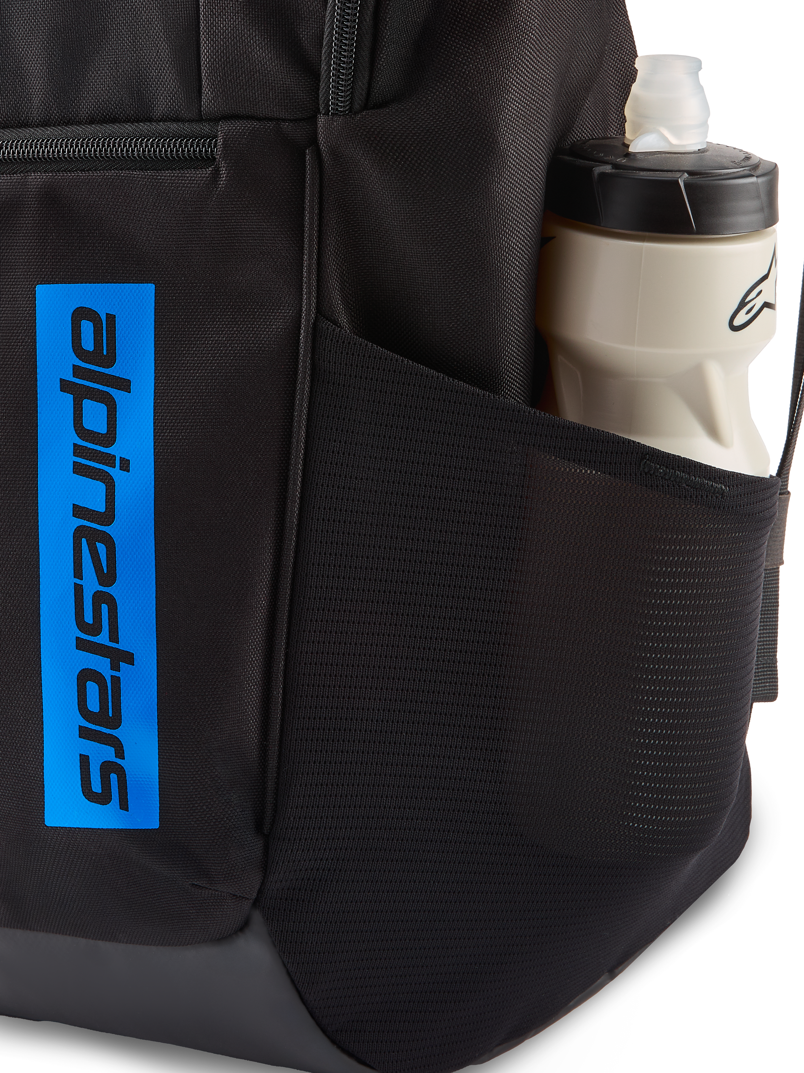 Alpinestars Defcon V3 Backpack, Black and Blue, close-up showing side mesh pocket with water bottle and vertical blue logo branding on durable black fabric
