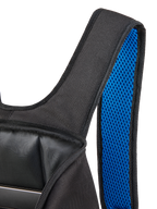 Alpinestars Defcon V3 Backpack, Black and Blue, close-up view of the padded shoulder strap featuring vibrant blue air mesh lining and the open main compartment, durable textile construction for daily casual use.