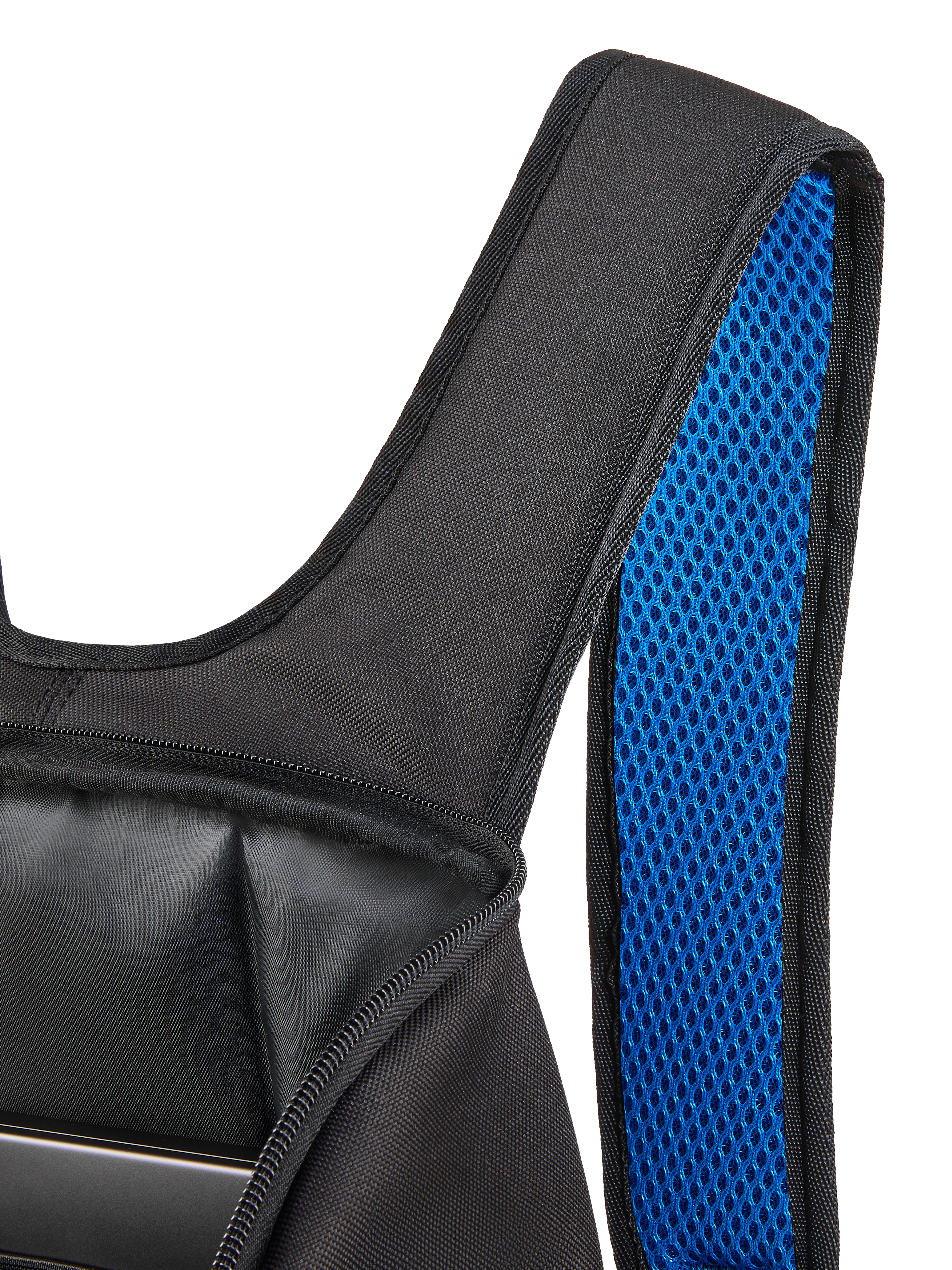 Alpinestars Defcon V3 Backpack, Black and Blue, close-up view of the padded shoulder strap featuring vibrant blue air mesh lining and the open main compartment, durable textile construction for daily casual use.
