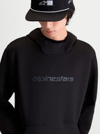 Alpinestars Datrix Hoodie, Casual Sportswear Pullover Hoodie, Black, featuring tri-blend double-face fleece, tonal HD Alpinestars chest logo, mesh-lined hood, and dart-detail pocket, on-model front view.