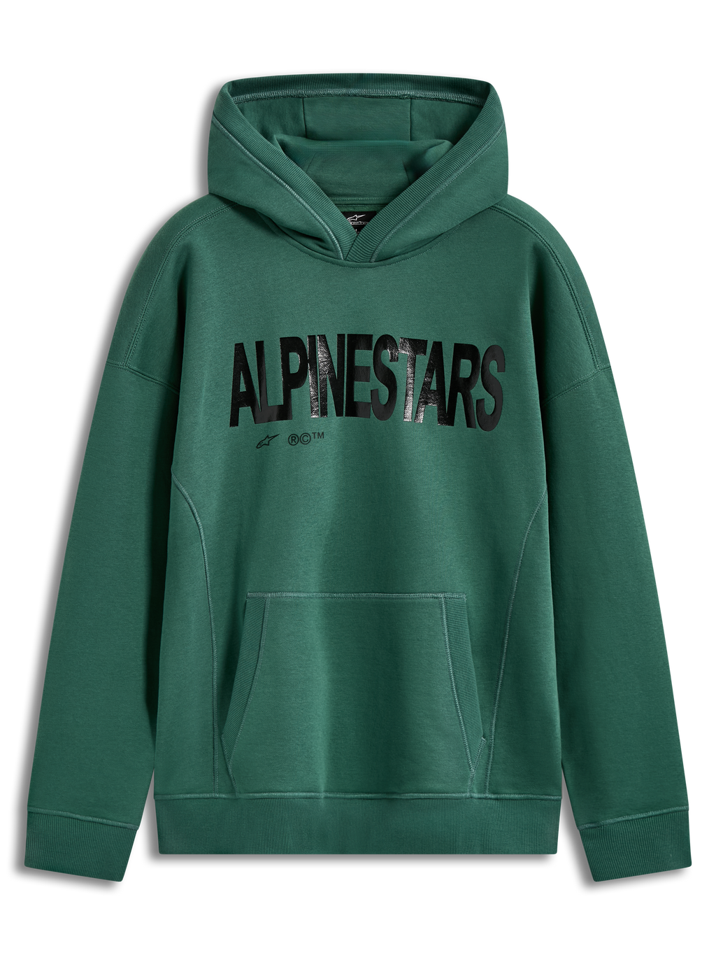 Alpinestars Shaw Oversized Hoodie in Green, unisex sportswear fleece featuring a black textured word logo and kangaroo pocket.