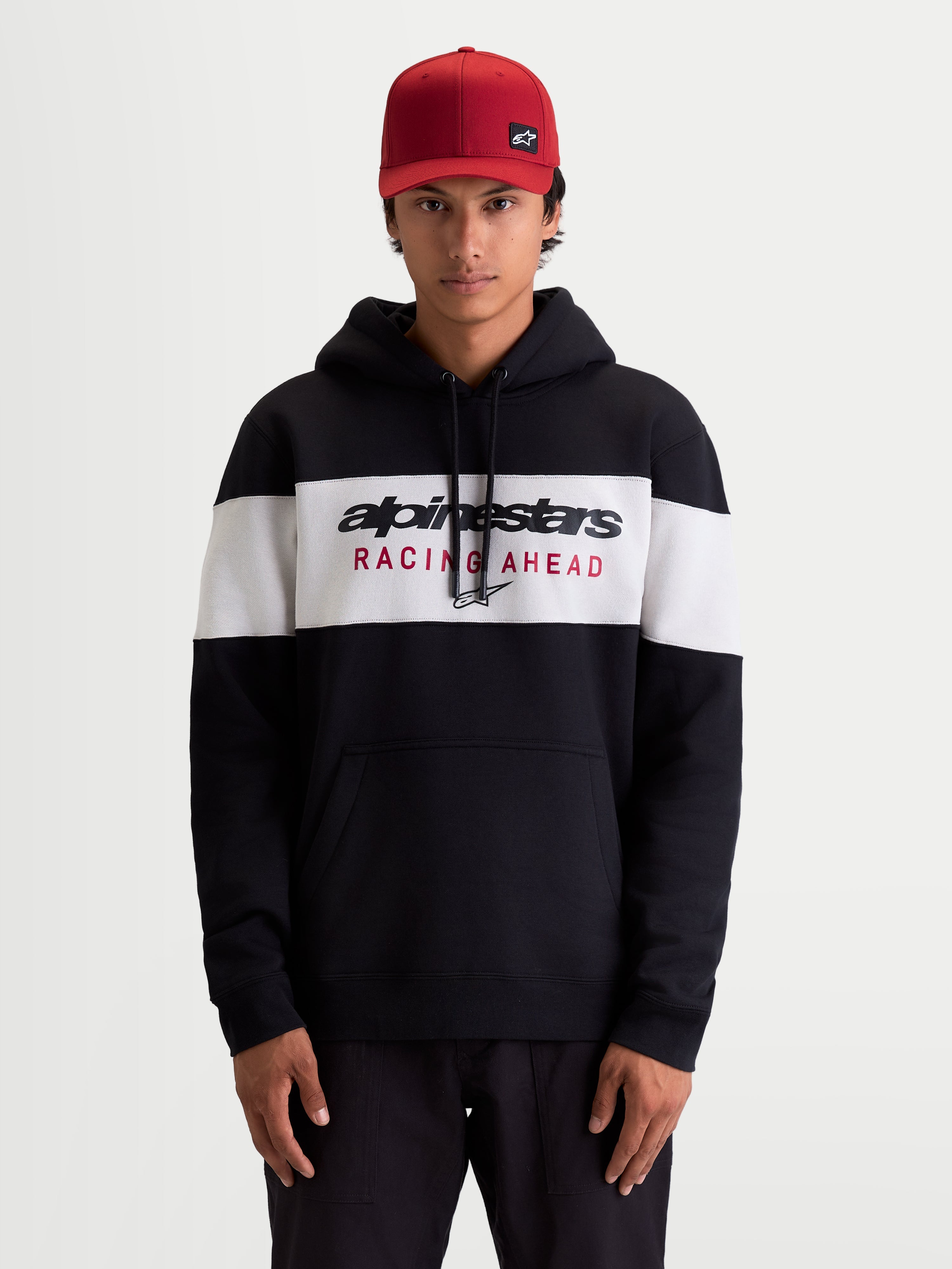 Alpinestars Cubic Hoodie, Men's Sportswear Pullover Fleece, Black and White color-blocked design with bold Alpinestars Racing Ahead logo on the chest, features a drawstring hood and front pouch pocket, casual off-bike lifestyle apparel.