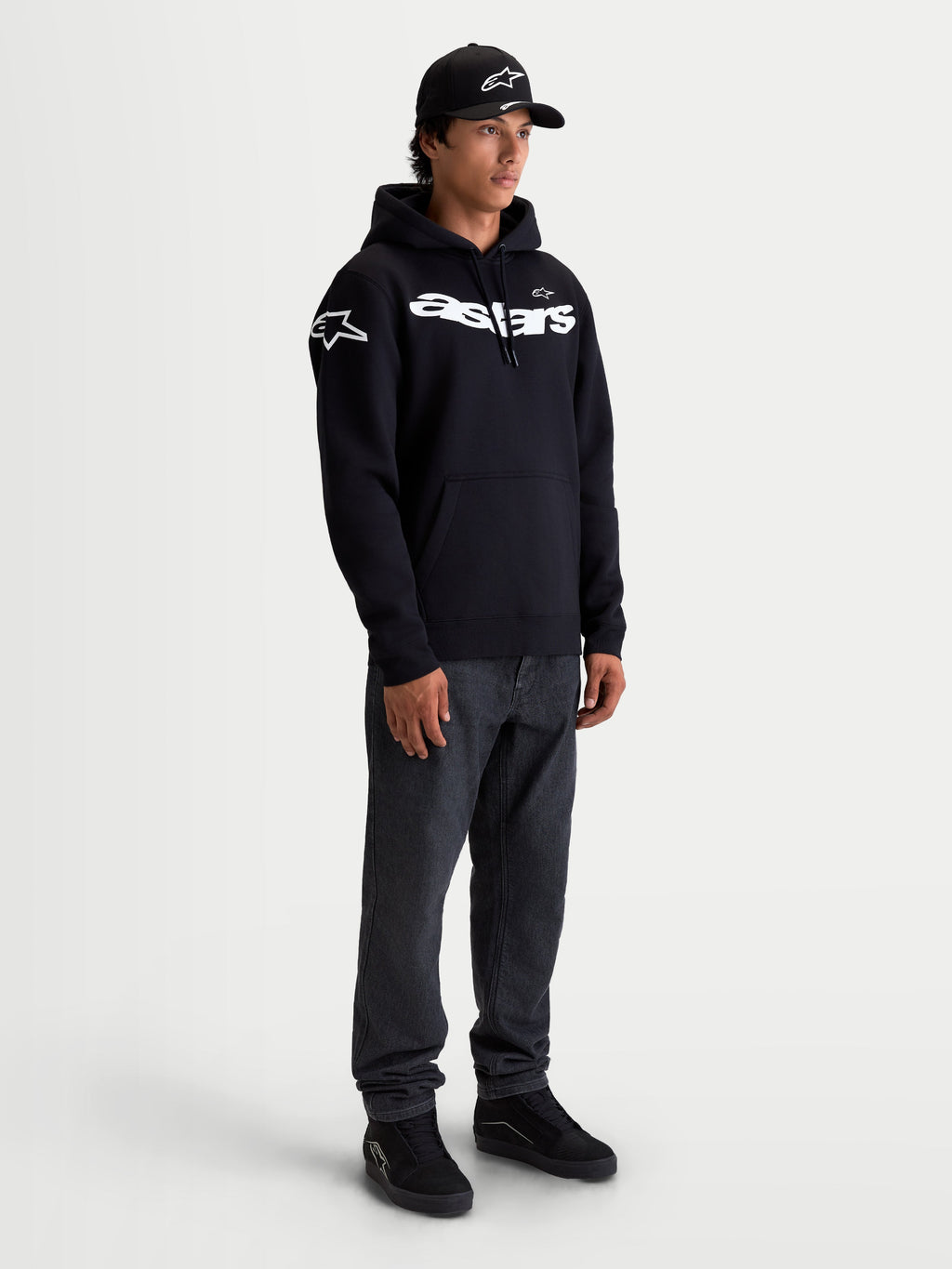 Alpinestars Velocifier Hoodie, Men's Sportswear Pullover Fleece, Black and White, featuring a curved Astars wordmark on the chest and logos on the shoulders, premium cotton-blend construction for casual off-bike motorsport style