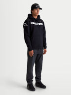 Alpinestars Velocifier Hoodie, Men's Sportswear Pullover Fleece, Black and White, featuring a curved Astars wordmark on the chest and logos on the shoulders, premium cotton-blend construction for casual off-bike motorsport style