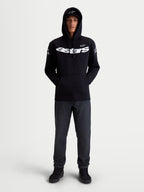 Alpinestars Velocifier Hoodie, Motorcycle Sportswear Pullover Fleece, Unisex, Black and White, Cotton and Recycled Polyester Blend, featuring bold Astars chest branding and shoulder logos, on-model front view for off-bike casual wear.