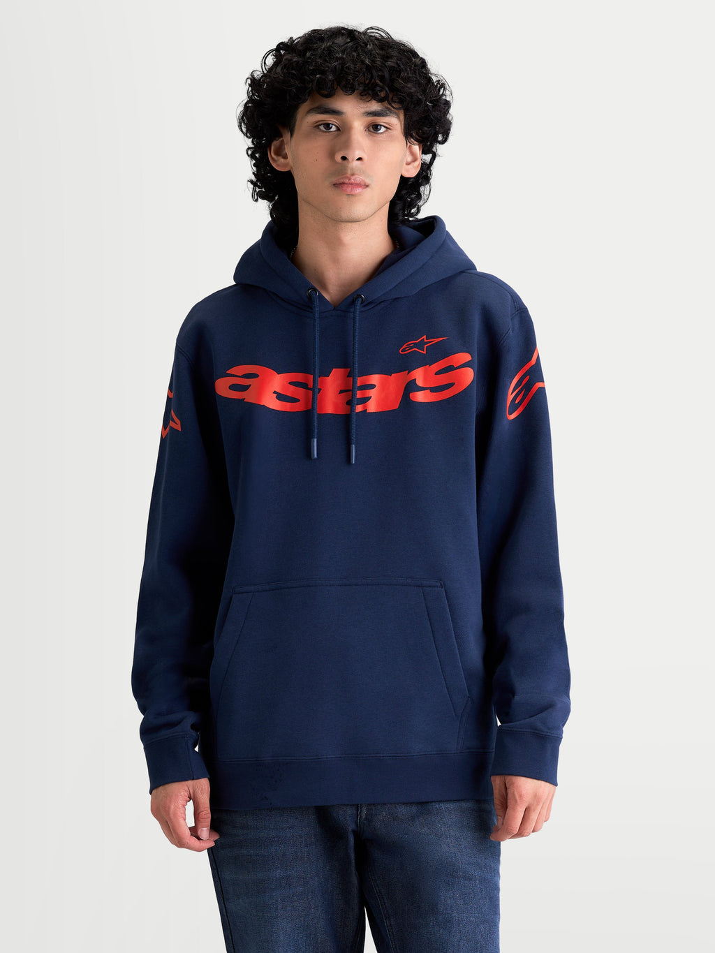 Alpinestars Velocifier Hoodie, Navy Blue and Red, Men's Sportswear Pullover Fleece with red astars branding on chest and shoulders, featuring a self-lined hood and front pouch pocket, premium cotton-blend construction for off-bike comfort.