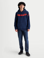 Alpinestars Velocifier Hoodie, Men's Sportswear Pullover Fleece in Navy Blue and Red, featuring bold Astars branding on the chest and shoulders, adjustable hood, and front kangaroo pocket, ideal for casual off-bike wear.