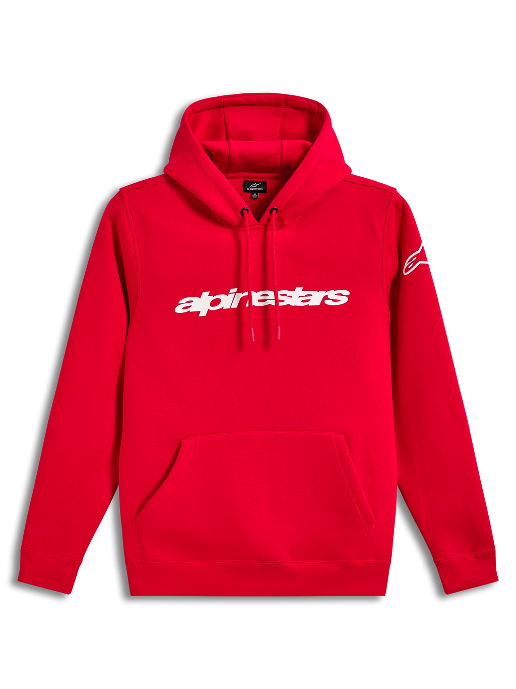Alpinestars Race Wordmark Hoodie, red cotton-blend pullover fleece with white linear logo and sleeve graphic.
