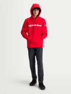 Alpinestars Race Wordmark Hoodie, Men's Sportswear Pullover Fleece, Red and White, features bold Alpinestars linear wordmark on chest and Ageless logo on sleeve, self-lined hood with drawstring, 80% cotton and 20% recycled polyester blend, motorsport-inspired casual wear.