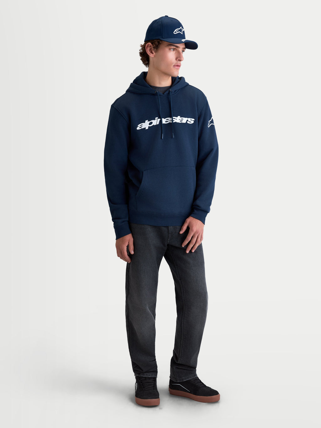 Alpinestars Race Wordmark Hoodie, Sportswear Pullover Hoodie for Men and Women, Navy Blue and White, featuring bold front wordmark and sleeve logo, casual motorsport lifestyle fleece with self-lined hood.