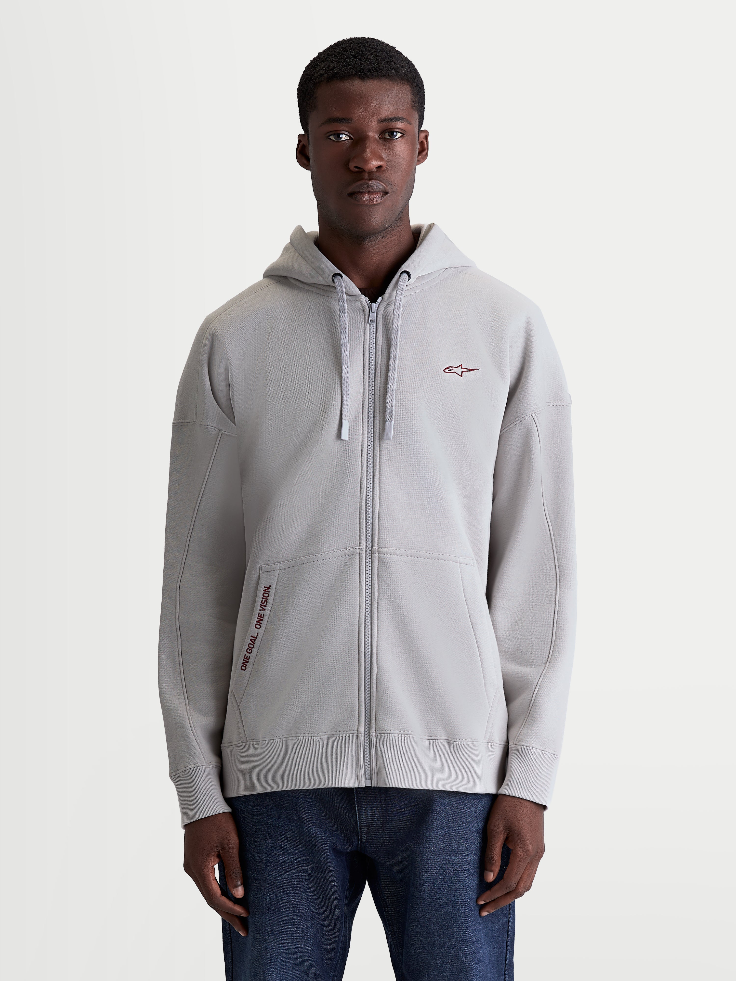 Alpinestars Pioneer Oversized Hoodie, Sportswear Full-Zip Fleece for Men and Women, Cement Gray, featuring a Vislon zipper, kangaroo pocket with One Goal One Vision embroidery, and a relaxed oversized fit for casual comfort.