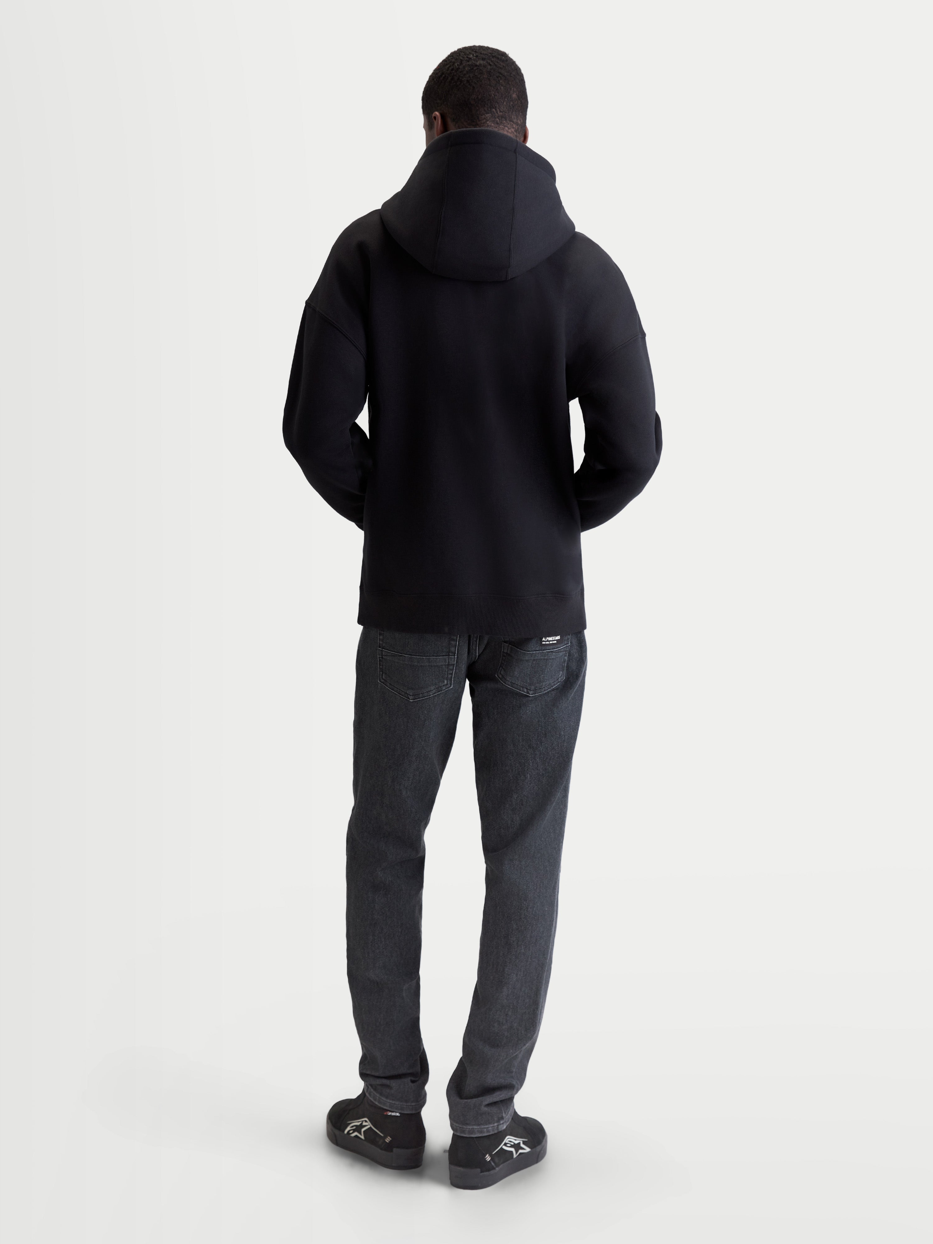 Alpinestars Entity Oversized Hoodie, Men's Sportswear Zip Fleece, Black, Back View on Model, Relaxed Oversized Fit, Cotton and Recycled Polyester Blend, Casual Motorsport Apparel