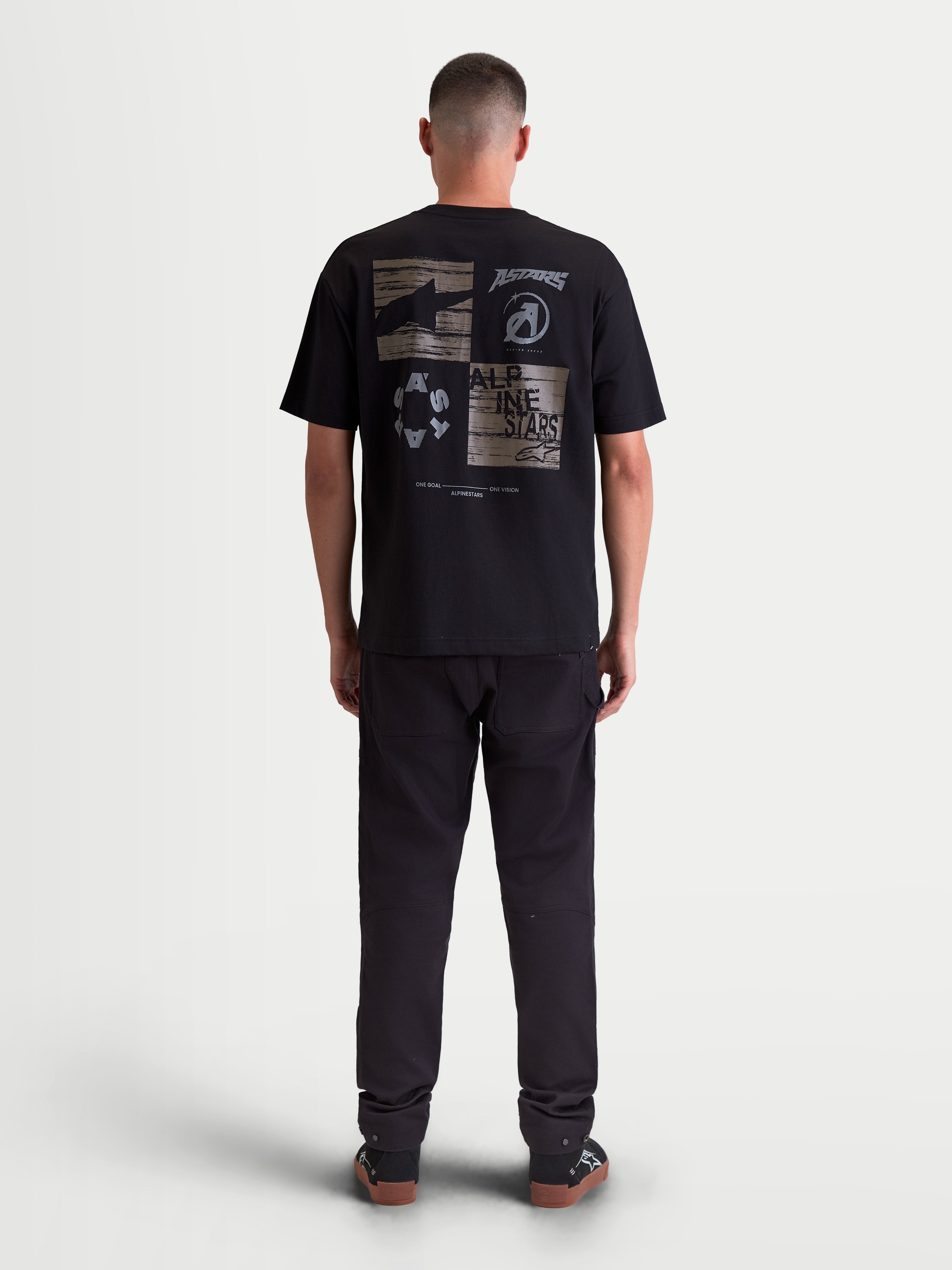 Alpinestars Checkback Oversized CSF Tee, Men's Sportswear Short Sleeve T-Shirt, Black, back view featuring a large grey checkerboard graphic with Astars logos, oversized casual fit.