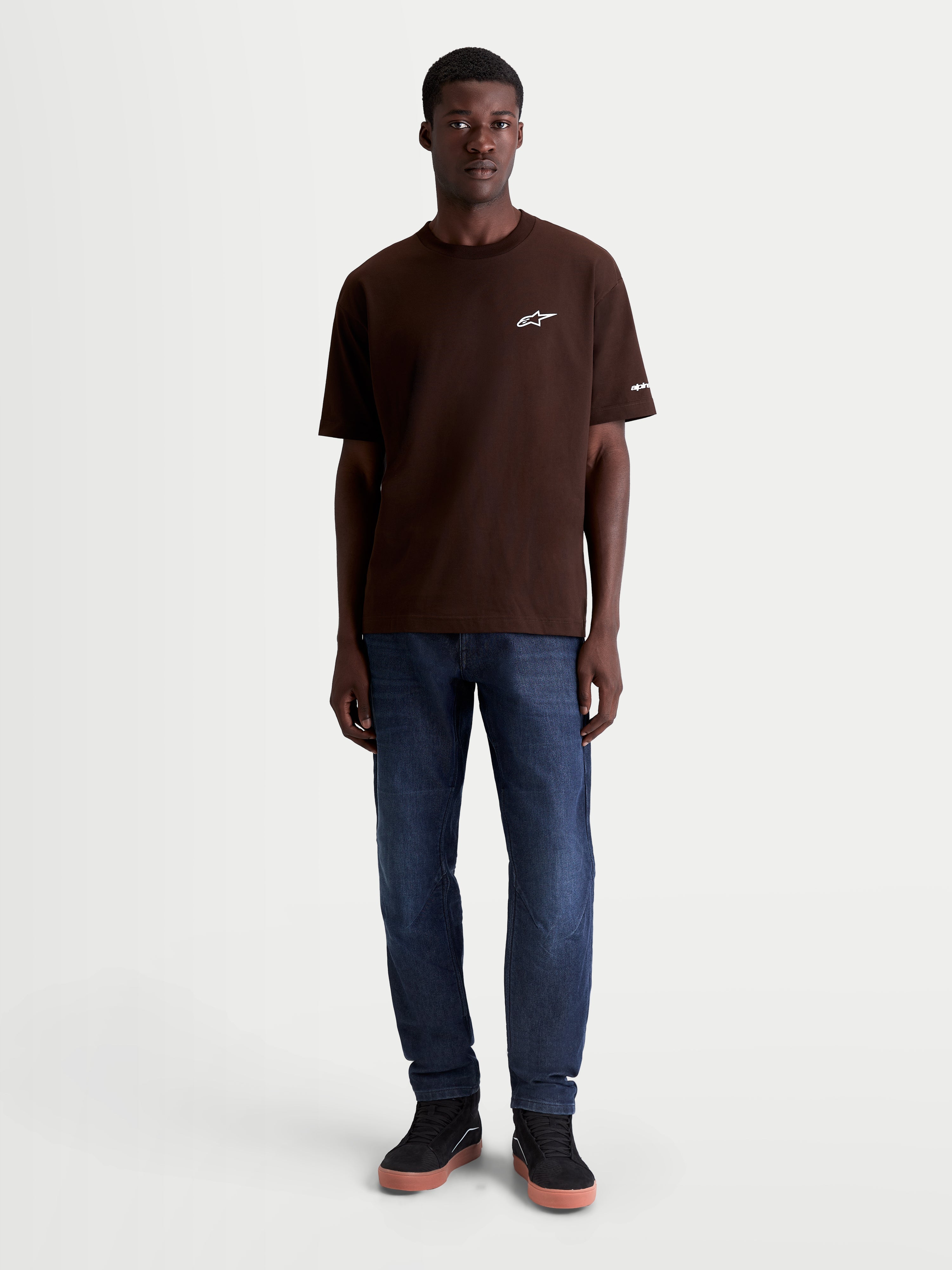Alpinestars Mandate Oversized CSF Tee, Men's Short Sleeve Sportswear T-Shirt, Brown with White Puff-Print Astars Logo, Relaxed Oversized Fit, Cotton-Poly Blend, Casual Lifestyle Apparel.