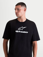 Alpinestars Prelude Oversized CSF Tee, Men's Sportswear Short Sleeve T-Shirt, Black and White, soft cotton-poly blend, featuring front Astars stacked logo and branding in a relaxed, oversized fit.