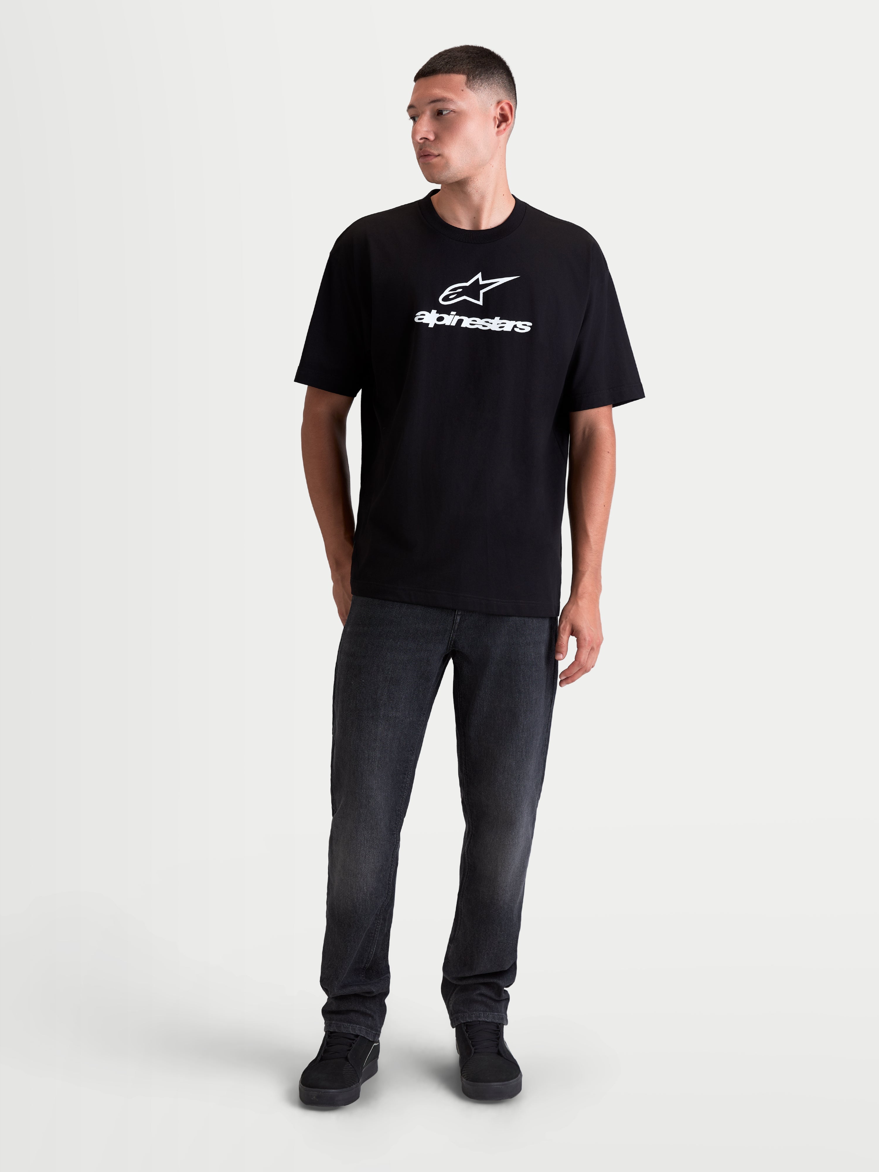 Alpinestars Prelude Oversized CSF Tee, Short Sleeve Sportswear, Black with White Front Logo Graphic, Relaxed Fit Cotton-Poly Construction, On-Model Front View