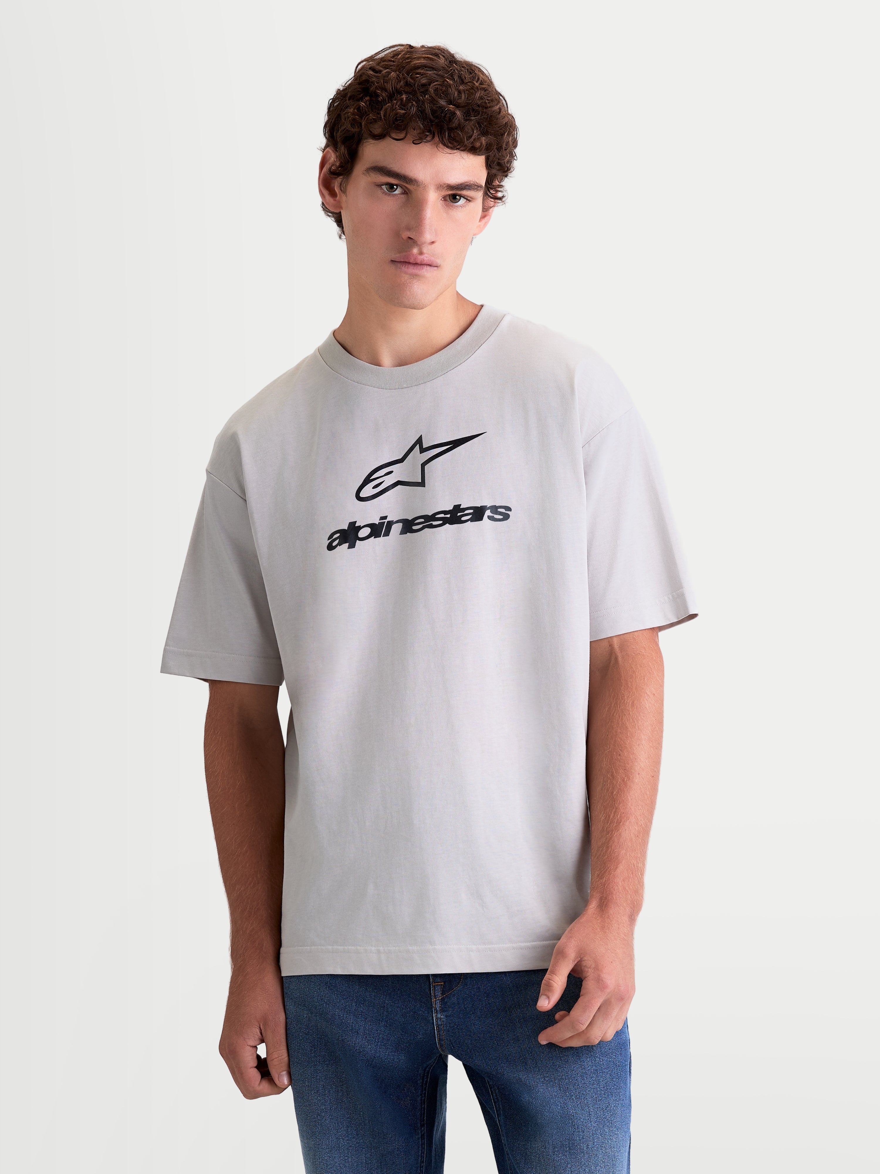 Alpinestars Prelude Oversized CSF Tee, Sportswear Short Sleeve T-Shirt for Men and Women, Cement Gray with Black Chest Logo, Relaxed Fit for Casual Everyday Style, On-Model Front View