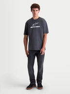 Alpinestars Prelude Oversized CSF Tee, Men's Short Sleeve Sportswear T-shirt, Charcoal Gray with White Alpinestars Logo on Chest, Oversized Relaxed Fit Cotton-Poly Blend, On-Model Front View.