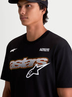 Alpinestars Cypress CSF Tee, Short Sleeve Sportswear T-Shirt, Black, close-up on model showing the front Astars word mesh-fill graphic and Alpinestars Protects text logo, comfortable cotton-poly blend fabric.